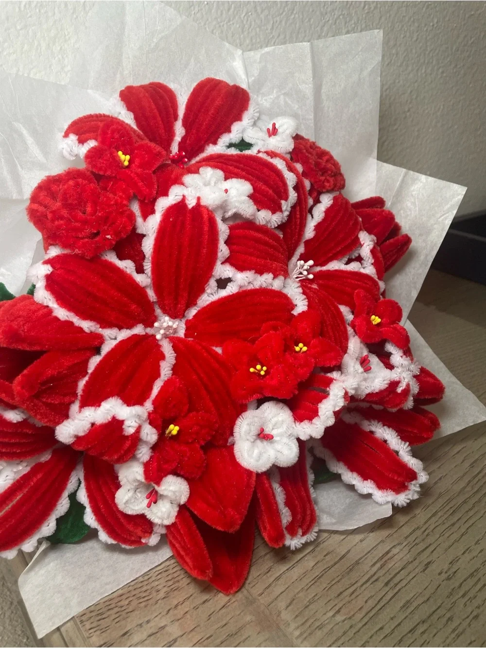 Handmade red & white pipe cleaner flower bouquet- one dozen